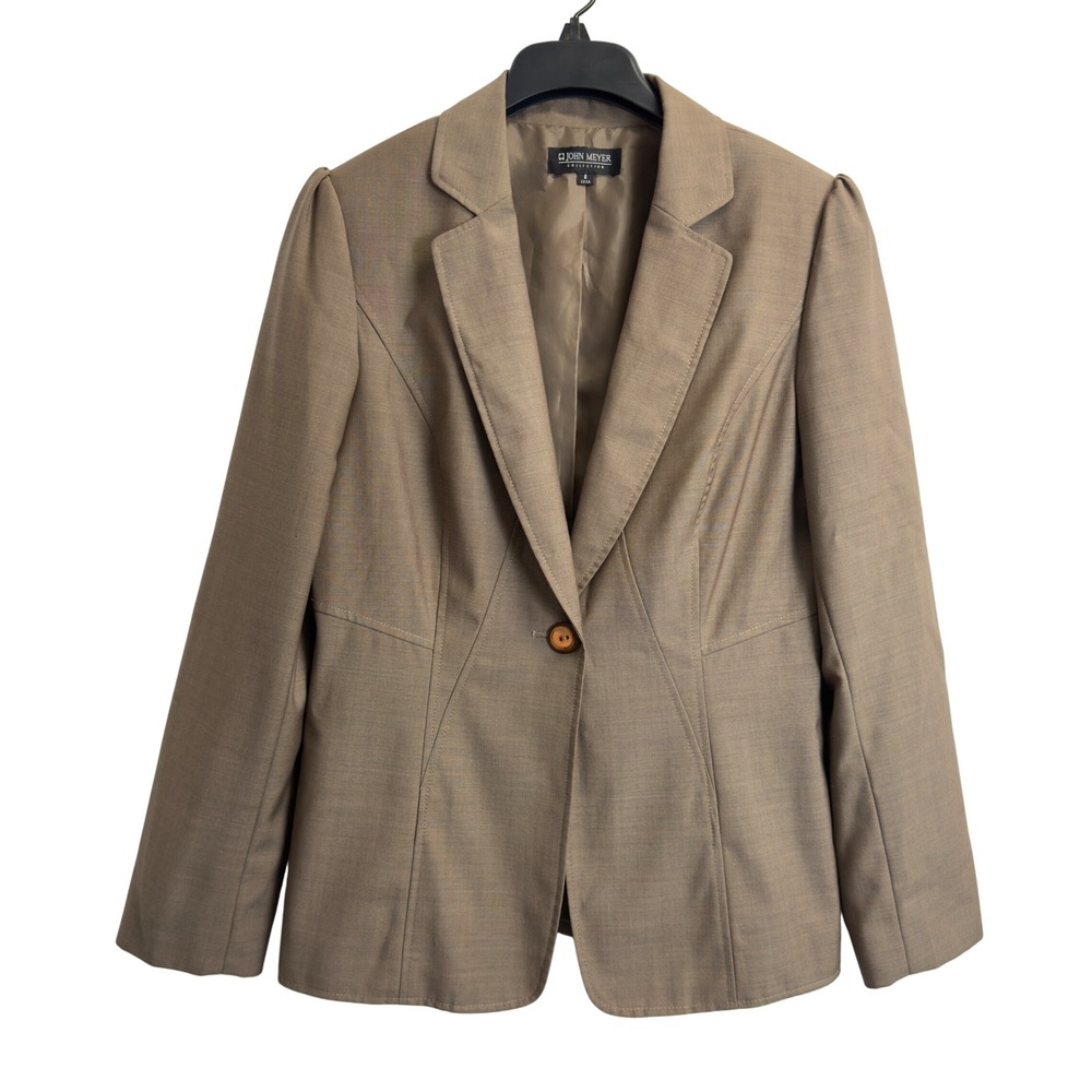 John Meyer Collection Tan Brown Wool Blend Single Button Blazer Jacket Size 8